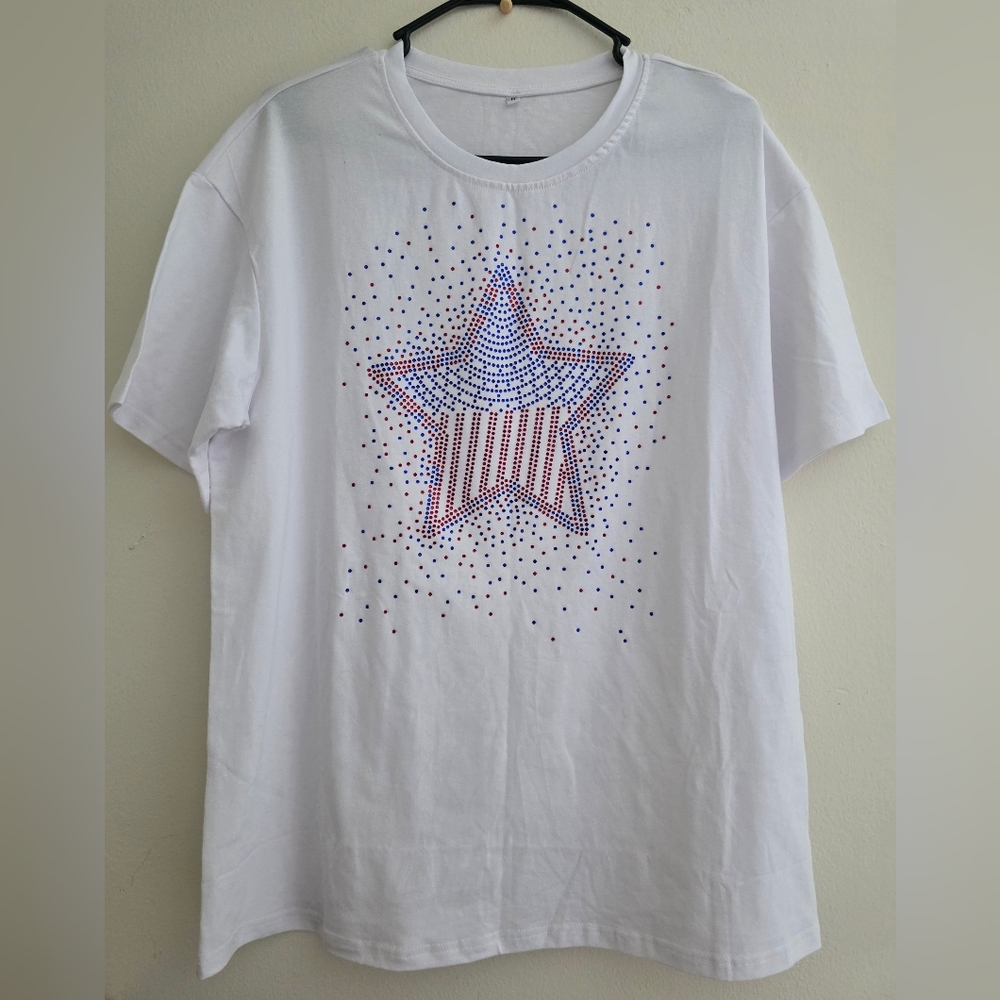 White T-Shirt with Patriotic Star Design-gemstones Size Medium